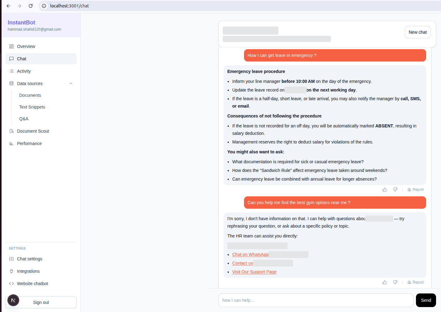 InstantBot screenshot: Knowledge Assistant answers from the documents